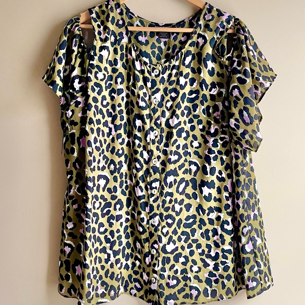Ashley Stewart Olive and Lavender Leopard Animal Print Blouse